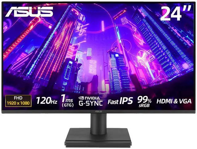 Main image of 24" Monitor, FHD(1920x 1080), 120Hz, 1ms, Adaptive-Sync, 99% sRGB, Anti-Glare, Eye Care, VESA Mountable, HDMI, VGA, Frameless, Low Blue Light, Tilt Adjust, Black, for Office and Gaming