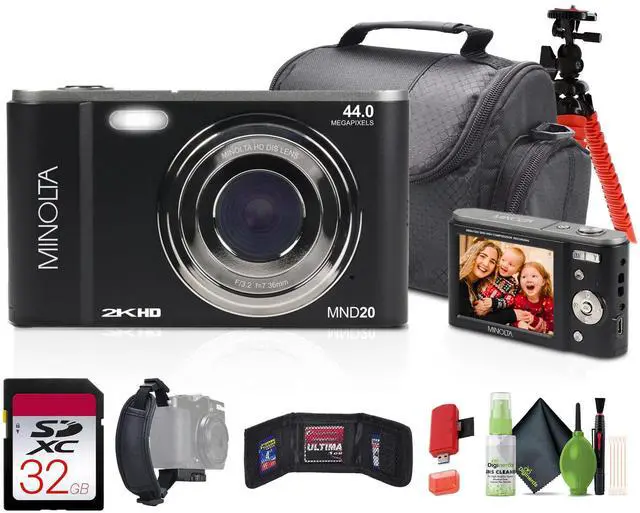 Main image of MND20 44 MP / 2.7K Quad HD Digital Camera (Black) + 32GB Memory Card + 12 inch Flexible Tripod + Memory Card Wallet + USB Card Reader, SD/microSD + More