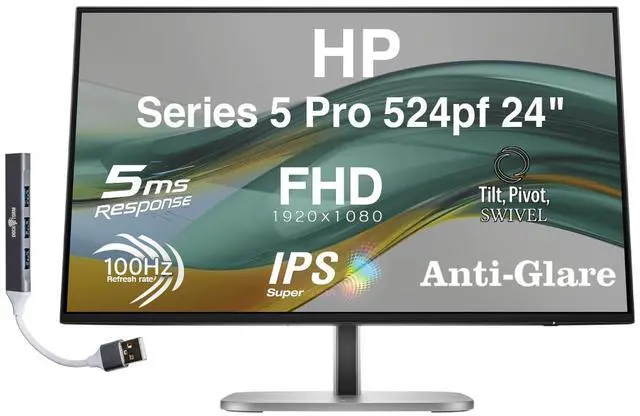 Main image of Series 5 Pro 524pf 24" FHD IPS Monitor Adjustable Height, Swivel, Pivot | 100 Hz 350 Nits, 5ms, Anti-Glare, Flicker Free, VESA Mount (100mm), & Dockztorm USB Port Expander | Black/Silver