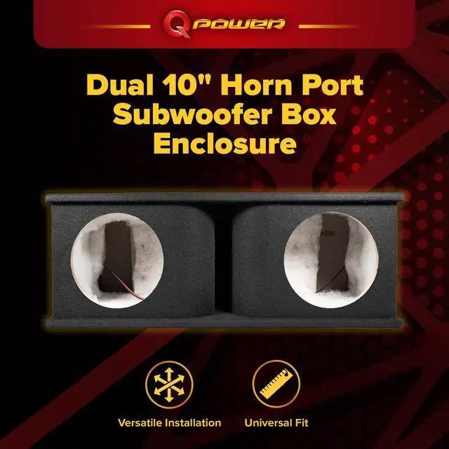Alt view image 2 of 7 - QPower Dual 10 Inch Horn Ported Subwoofer Box Enclosure, 5/8" MDF Car Audio Speaker Box, 1.2 Cubic Feet Per Sub Vented Design, Black Carpet Finish