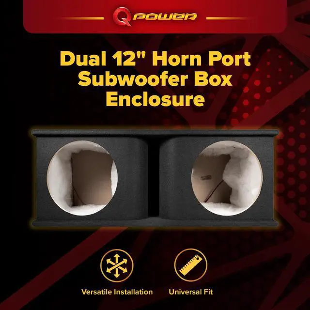 Alt view image 2 of 7 - QPower Dual 12" Horn-Ported Car Audio Subwoofer Box, 5/8" MDF, Black Carpet | 2.0 Cu Ft per Sub Vented Design for Vehicle Stereo and Deep Bass Sound Systems