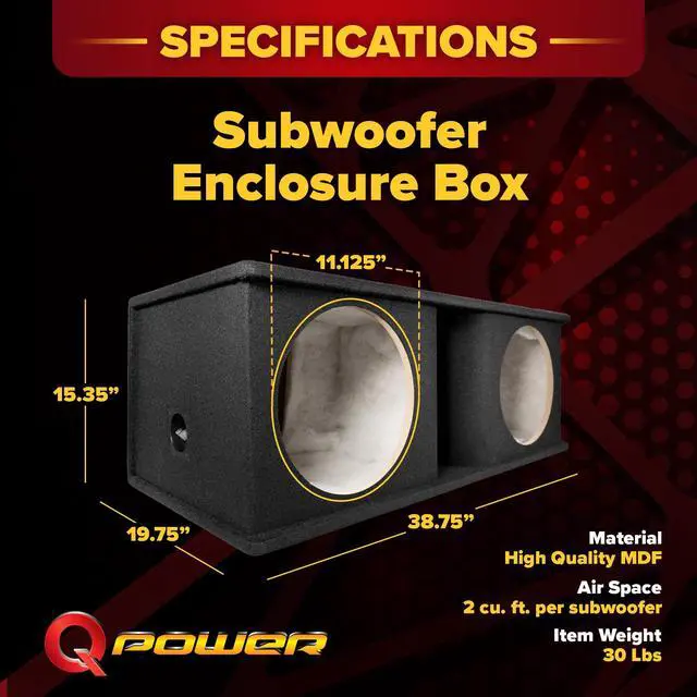 Alt view image 3 of 7 - QPower Dual 12" Horn-Ported Car Audio Subwoofer Box, 5/8" MDF, Black Carpet | 2.0 Cu Ft per Sub Vented Design for Vehicle Stereo and Deep Bass Sound Systems