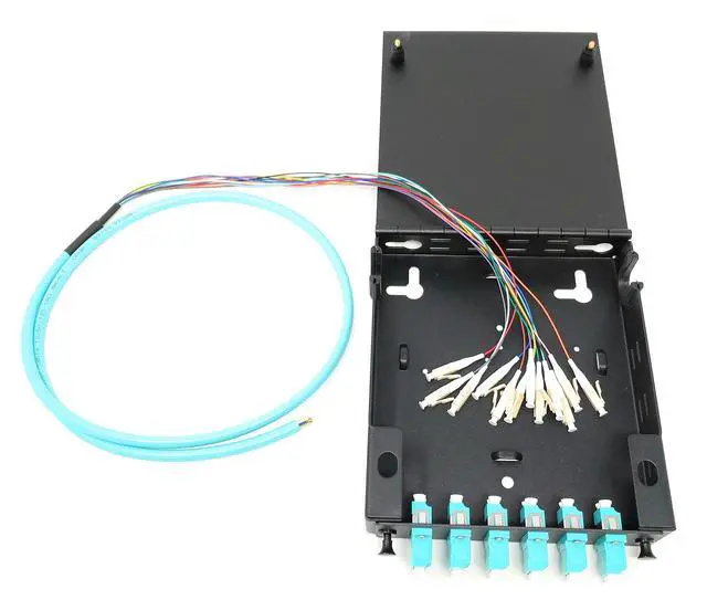 Alt view image 2 of 5 - 12 Port Wall Mount Fiber Enclosure with Splicing Module OM3 Multimode LC-UPC Kit (Includes a 1 Meter 12 Strand LC-UPC OM3 Pigtail and 6 Port Duplex OM3 LGX Loaded Panel