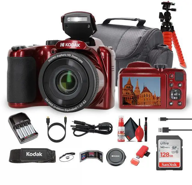 Main image of Pixpro AZ255 Digital Camera in Red (AZ255RD) Bundle Including: 128 GB Memory Card, Rechargeable Batteries, Case, Flexible Tripod, Neck Strap, Lens Caps, Full Cleaning Kit, More Accessories