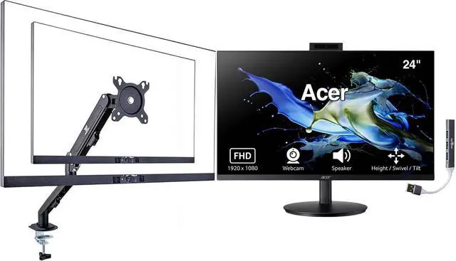 Main image of 24" 1080P IPS Conferencing Monitor, Adjustable Height/Swivel/Tilt | FHD Webcam, AMD Free Sync, Built-in Speakers, Anti-Glare, HDMI/VGA & DKZ USB Expander w/DKZ Hub & ErgoFlexy Single Mount Arm