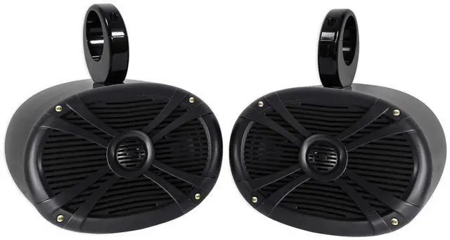 Main image of RMSTS69B 6x9 Black Marine Speaker Pair with MAC69B Enclosures | 500W Peak / 125W RMS Each, 2-Way, Waterproof, 4 Ohm, Pair of Aluminum Wakeboard Tower Enclosures, 4-Items