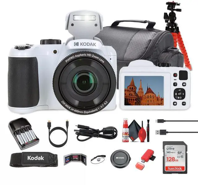 Main image of Pixpro AZ255 Digital Camera in White (AZ255WH) Bundle Including: 128 GB Memory Card, Rechargeable Batteries, Case, Flexible Tripod, Neck Strap, Lens Caps, Full Cleaning Kit, More Accessories
