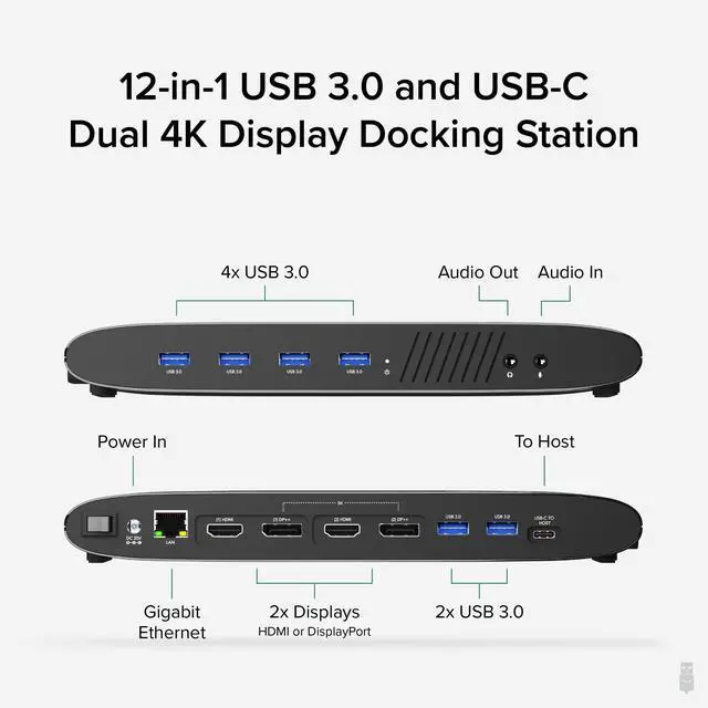 Alt view image 2 of 7 - Universal Laptop Docking Station, 4K Dual Monitor, DisplayPort or HDMI, Windows Mac or ChromeOS Laptops, USB-C or USB 3.0, Adds 2 Displays, Ethernet, Audio, 6 USB Ports