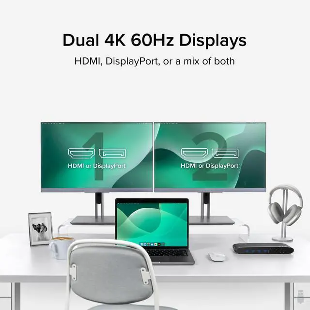 Alt view image 3 of 7 - Universal Laptop Docking Station, 4K Dual Monitor, DisplayPort or HDMI, Windows Mac or ChromeOS Laptops, USB-C or USB 3.0, Adds 2 Displays, Ethernet, Audio, 6 USB Ports