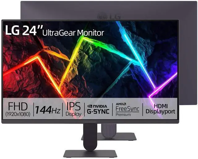 Main image of 24" Ultragear FHD Gaming Monitor, IPS Display, 144Hz Refresh Rate, 1ms MBR, HDR10, sRGB 99% Color Gamut, NVIDIA G-SYNC Compatible, AMD FreeSync, HDMI, DisplayPort, Vase Mountable, Tilt, Black