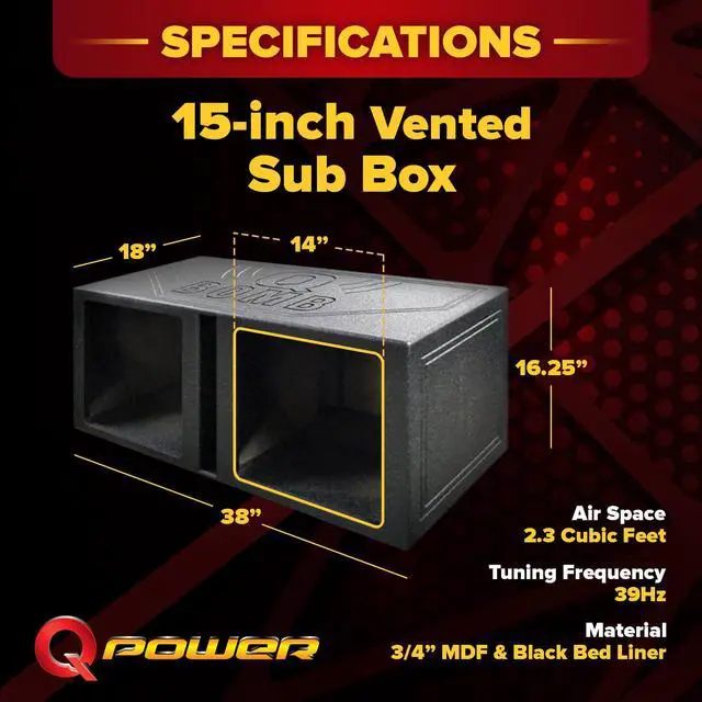 Alt view image 3 of 4 - QPower QBOMB15VSQ QBOMB 15 Inch Center Vented Dual Ported Subwoofer Enclosure Speaker Box for Car Audio Sound Systems, Square