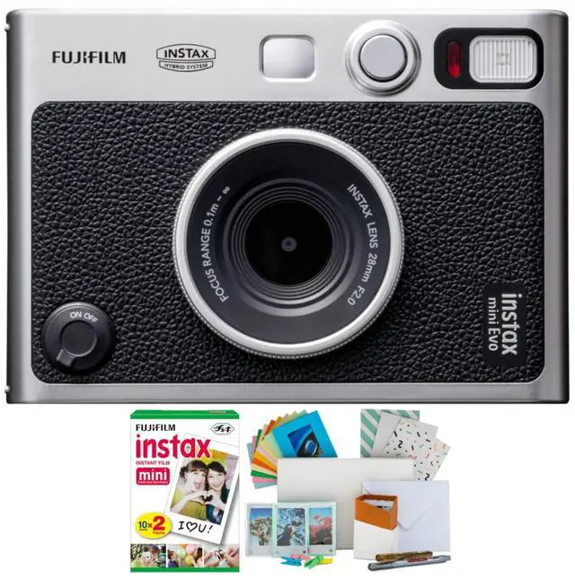 Main image of Instax Mini EVO Hybrid Digital/Instant Film Camera Bundle | Photo Box, Postcard Set, Twin Pack 20 Exp