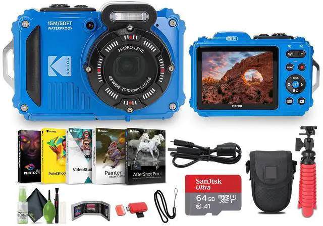 Main image of PIXPRO WPZ2 Rugged Waterproof Shockproof Dustproof WiFi Digital Vlogging Camera 16MP (Blue) Bundle with 64GB Memory Card + Vlogger Tripod + Bag + Cleaning Kit + More Accessories