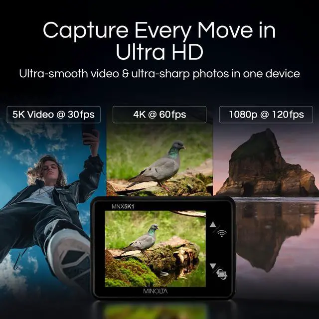 Alt view image 2 of 5 - MNX5K1 5K UHD 24MP WiFi 100FT Waterproof Action/Sports Camera Kit | Features a 170-degree wide-angle lens, dual LCD screens, and a waterproof case rated to 100ft
