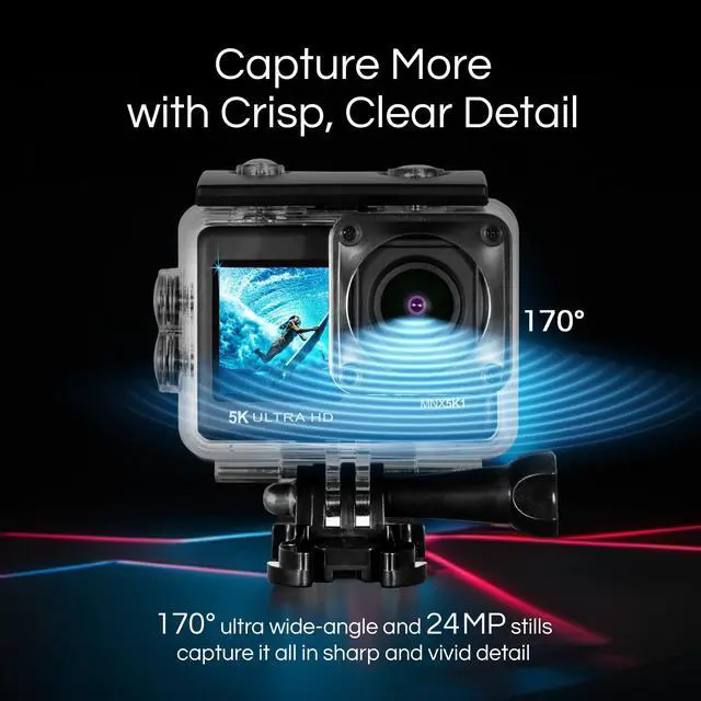 Alt view image 3 of 5 - MNX5K1 5K UHD 24MP WiFi 100FT Waterproof Action/Sports Camera Kit | Features a 170-degree wide-angle lens, dual LCD screens, and a waterproof case rated to 100ft