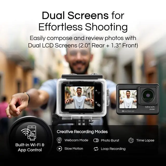 Alt view image 4 of 5 - MNX5K1 5K UHD 24MP WiFi 100FT Waterproof Action/Sports Camera Kit | Features a 170-degree wide-angle lens, dual LCD screens, and a waterproof case rated to 100ft