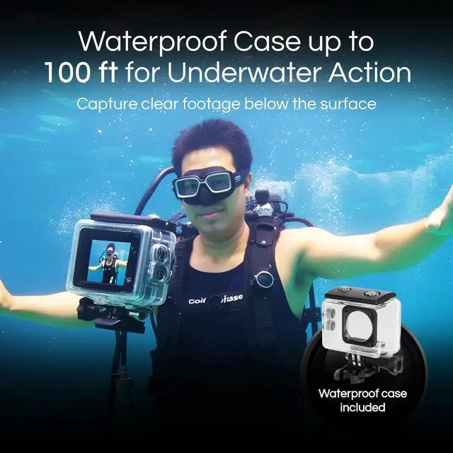 Alt view image 5 of 5 - MNX5K1 5K UHD 24MP WiFi 100FT Waterproof Action/Sports Camera Kit | Features a 170-degree wide-angle lens, dual LCD screens, and a waterproof case rated to 100ft