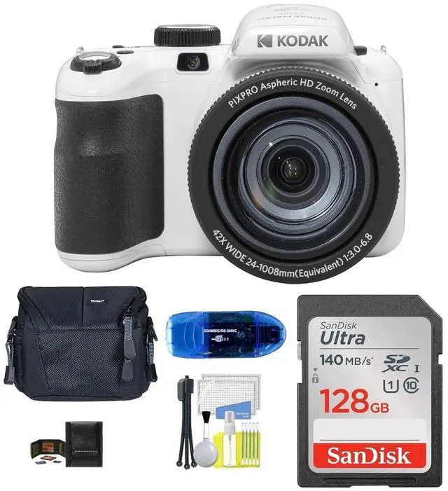 Main image of PIXPRO AZ425 Digital Camera Bundle, Includes: SanDisk 128GB SDXC Memory Card, Small Camera Bag, SD Card Reader and More (6 Items) (White)