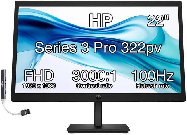 Main image of 22" Series 3 Pro 322pv FHD Monitor Anti-Glare, Flicker Free, VESA Mount | (100x100mm), 5 ms Response Time, HDMI, VGA & Dockztorm USB Port Expander, Black (9U5A2AA#ABA) (2026 Latest Model)