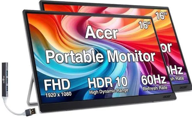 Main image of 16" Portable USB-C IPS Monitor w/ HDR10, Built-in Speakers (2-Pack) | Mini HDMI, 6ms Response Time, Anti-Glare, 220 nits Brightness, & Dockztorm USB Port Expander, Black/Silver Color