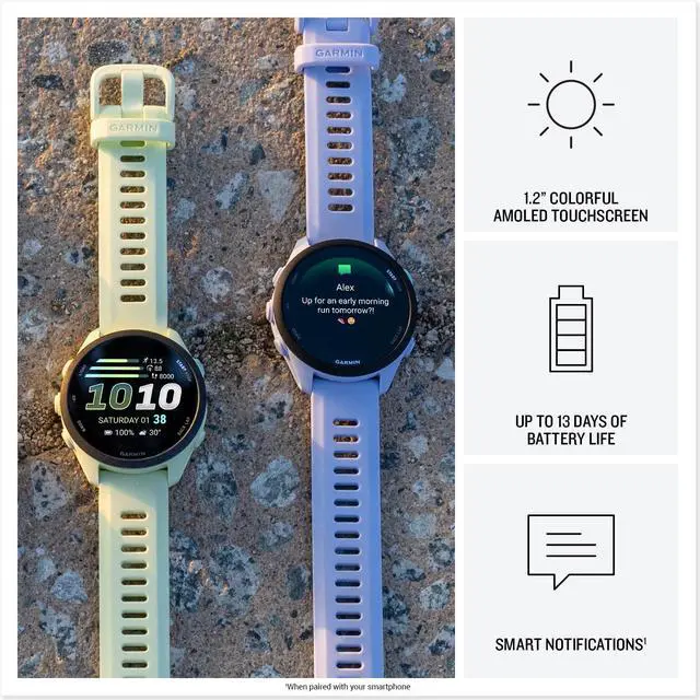 Alt view image 4 of 7 - Forerunner 70 GPS Running Smartwatch (Whitestone) Kit | 1.2" AMOLED Display Coach, 80+ Sports Apps Multi-GNSS + P-Bank + USB Wall Charger + Micro Fiber Cloth (5pc Bundle)
