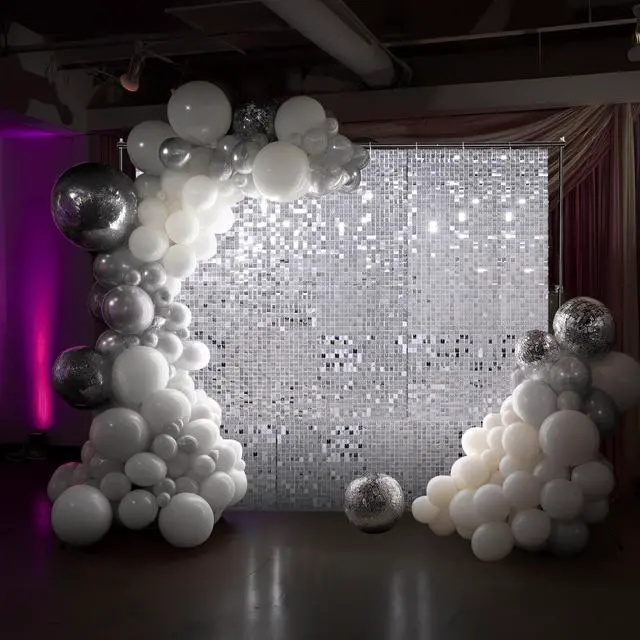 Alt view image 3 of 7 - 10x7 FT Shimmer Wall Backdrop with Adjustable Background Stand | 72 Pcs Sliver Square Sequin Panels Decor for Wedding Party