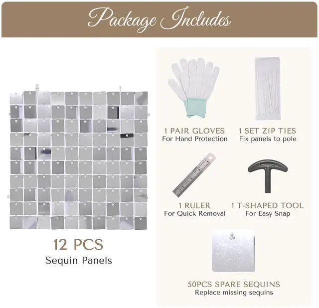 Alt view image 4 of 7 - 10x7 FT Shimmer Wall Backdrop with Adjustable Background Stand | 72 Pcs Sliver Square Sequin Panels Decor for Wedding Party