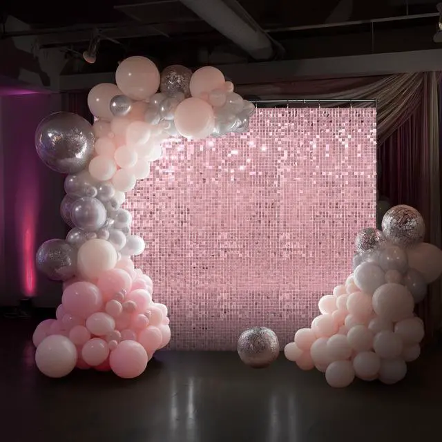 Alt view image 2 of 7 - 10x7 FT Shimmer Wall Backdrop with Adjustable Background Stand | 72 Pcs Pink Square Sequin Panels Decor for Wedding Party
