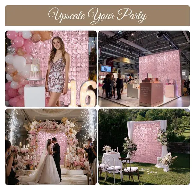 Alt view image 5 of 7 - 10x7 FT Shimmer Wall Backdrop with Adjustable Background Stand | 72 Pcs Pink Square Sequin Panels Decor for Wedding Party