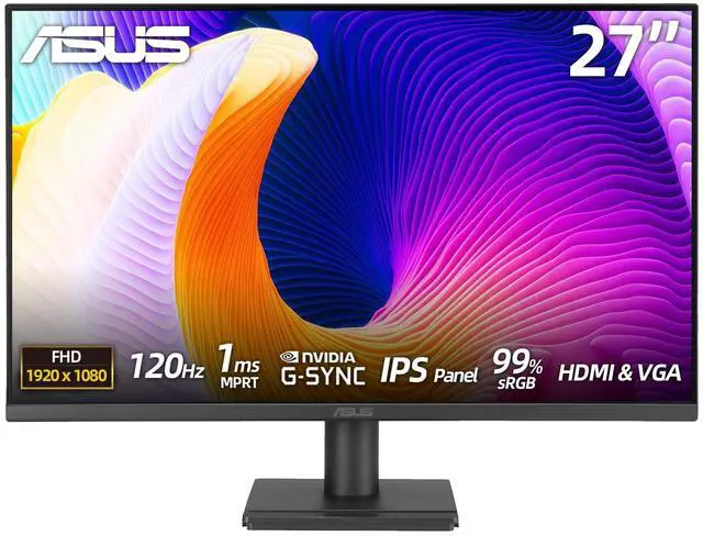 Main image of 27" FHD IPS Gaming Monitor, 120Hz, 1ms MPRT, Adaptive-Sync, 99% sRGB, Eye Care, Frameless, HDMI, VGA, Low Blue Light, Flicker Free, Wall Mountable, Tilt Adjustment, for Business and Gaming, Black