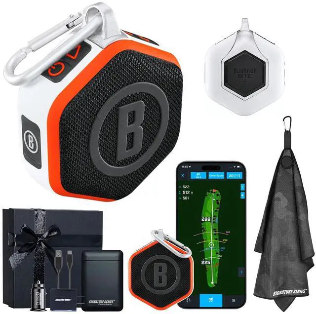 Main image of Bushnell Golf Wingman Mini GPS Speaker (Orange/White) | Magnetic Mount, Music & Audible Distances for 38,000+ Courses, Carabiner Clip, Waterproof, 36-Hole Battery, with Signature Series Gift Bundle