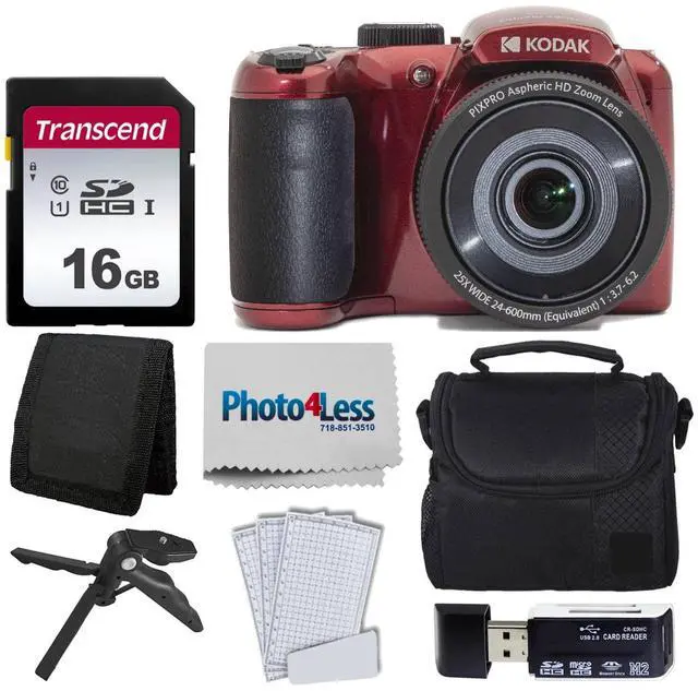 Main image of Kodak PIXPRO AZ255 Astro Zoom 16MP Digital Camera (Red) Bundle, Point & Shoot Camera Case, 16GB Memory Card, USB Card Reader, Table Tripod, Accessories