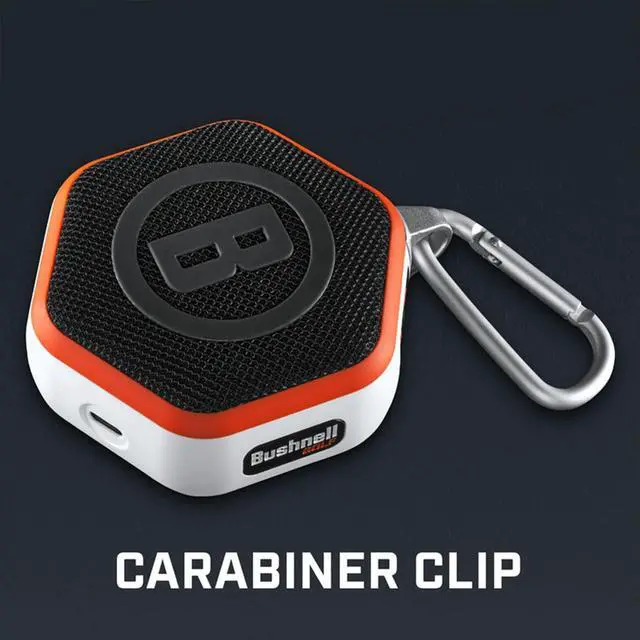 Alt view image 6 of 7 - Bushnell Golf Wingman Mini GPS Speaker (Orange/White) | Magnetic Mount, Music & Audible Distances for 38,000+ Courses, Carabiner Clip, Waterproof, 36-Hole Battery, with Signature Series Gift Bundle