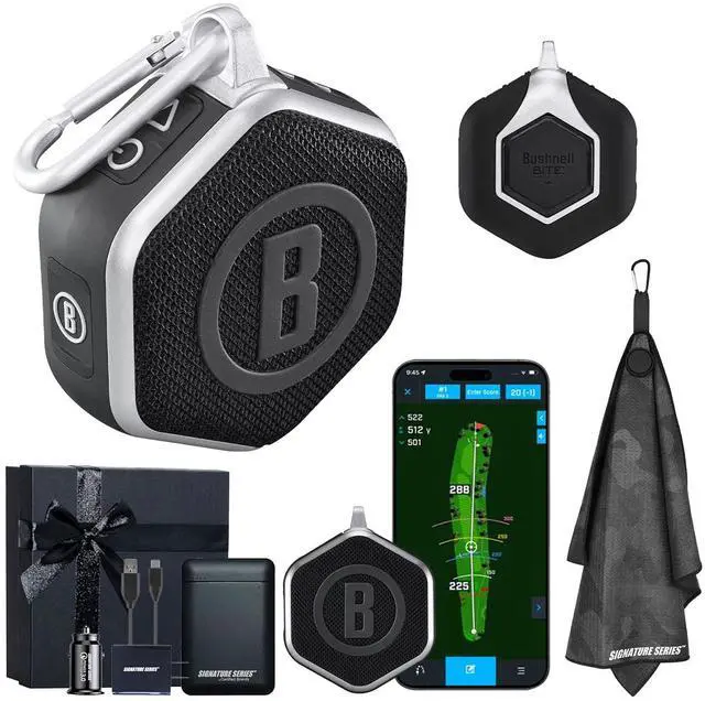 Main image of Bushnell Golf Wingman Mini GPS Speaker (Black/Silver) | Magnetic Mount, Music & Audible Distances for 38,000+ Courses, Carabiner Clip, Waterproof, 36-Hole Battery, with Signature Series Gift Bundle
