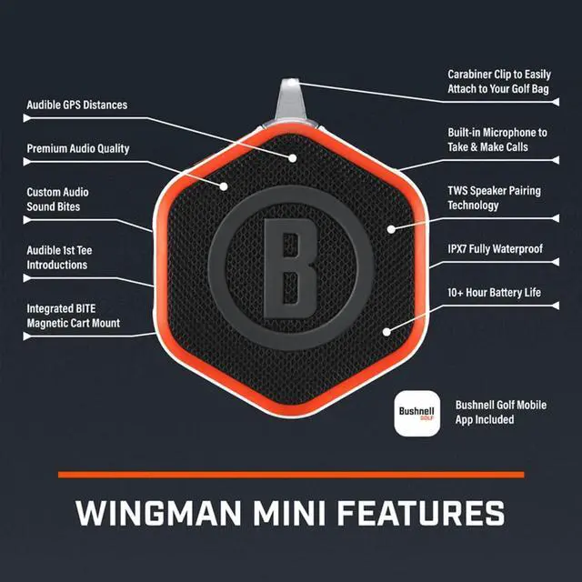 Alt view image 2 of 7 - Bushnell Golf Wingman Mini GPS Speaker (Orange/White) | Magnetic Mount, Music & Audible Distances for 38,000+ Courses, Carabiner Clip, Waterproof, 36-Hole Battery, with Signature Series Gift Bundle