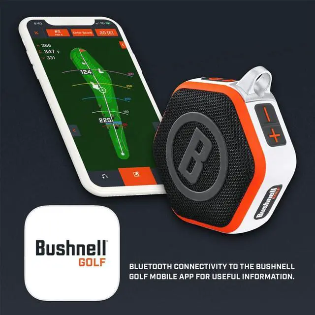Alt view image 3 of 7 - Bushnell Golf Wingman Mini GPS Speaker (Orange/White) | Magnetic Mount, Music & Audible Distances for 38,000+ Courses, Carabiner Clip, Waterproof, 36-Hole Battery, with Signature Series Gift Bundle
