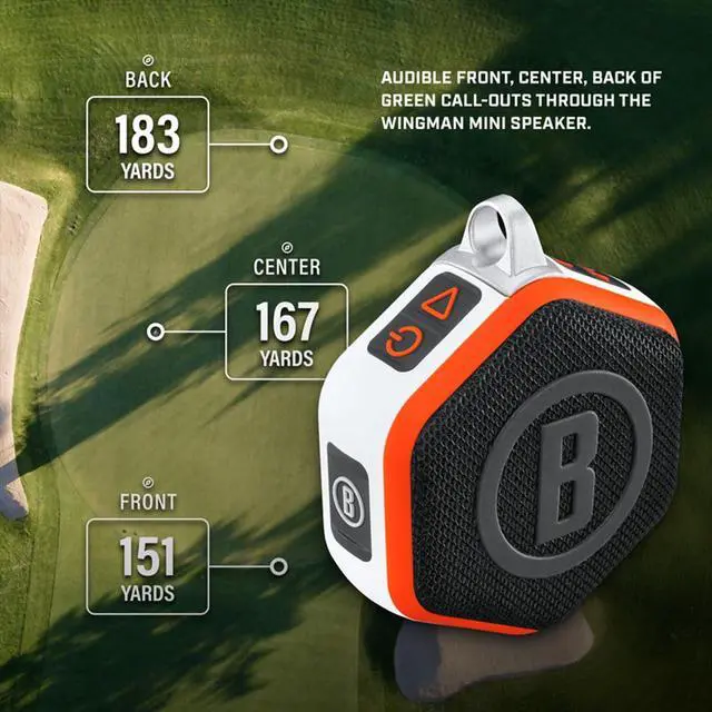 Alt view image 4 of 7 - Bushnell Golf Wingman Mini GPS Speaker (Orange/White) | Magnetic Mount, Music & Audible Distances for 38,000+ Courses, Carabiner Clip, Waterproof, 36-Hole Battery, with Signature Series Gift Bundle