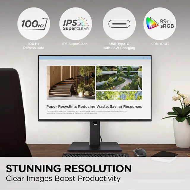 Alt view image 2 of 7 - VG2452 24 Inch 1080p Monitor, IPS Display with 100Hz for Smooth Home and Office Productivity, Full Ergonomic Adjustability, 5-Port USB Hub, 65W USB-C, HDMI, and DisplayPort Inputs