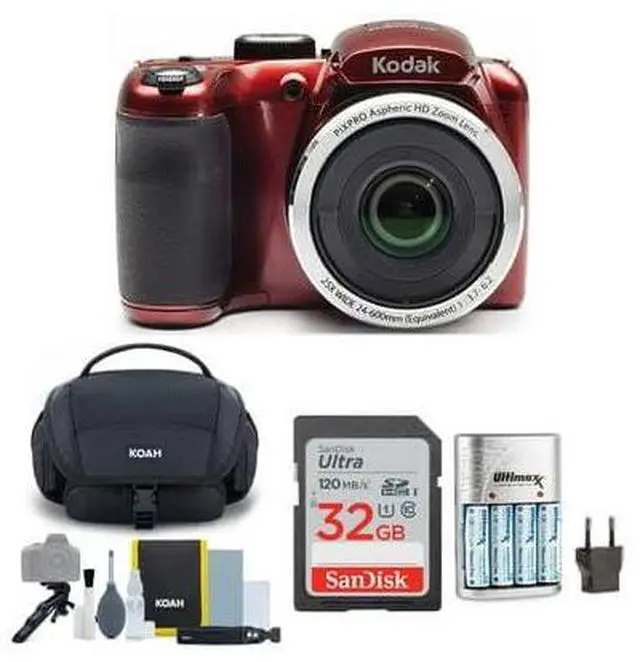 Main image of PIXPRO AZ255 Astro Zoom 16MP Digital Camera (Red) Bundle | 32GB UHS-I SDXC Memory Card, Rapid AA AAA Battery Charger with 4 AA 2700 Mah Rechargeable, (4 items)