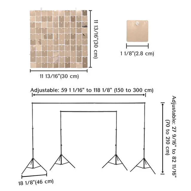 Alt view image 2 of 7 - 10x7 FT Shimmer Wall Backdrop with Adjustable Background Stand | 72 Pcs Champagne Gold Square Sequin Panels Decor for Wedding Party