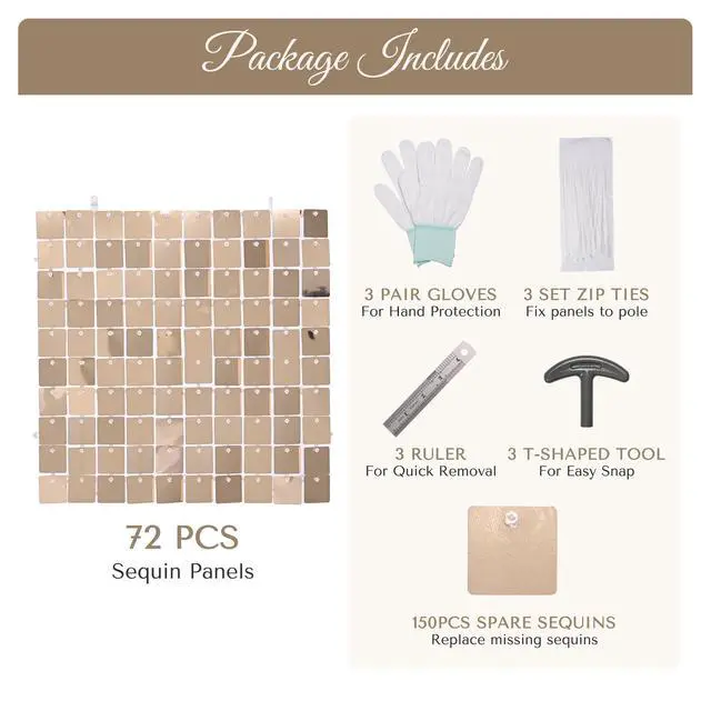 Alt view image 4 of 7 - 10x7 FT Shimmer Wall Backdrop with Adjustable Background Stand | 72 Pcs Champagne Gold Square Sequin Panels Decor for Wedding Party