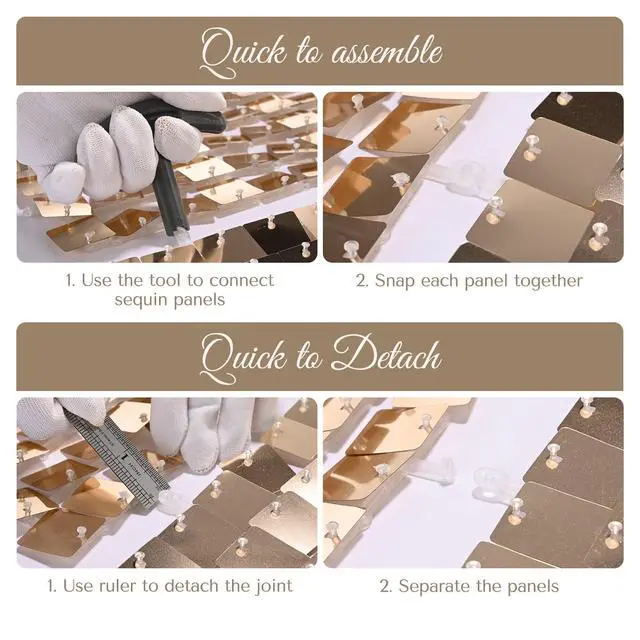 Alt view image 6 of 7 - 10x7 FT Shimmer Wall Backdrop with Adjustable Background Stand | 72 Pcs Champagne Gold Square Sequin Panels Decor for Wedding Party