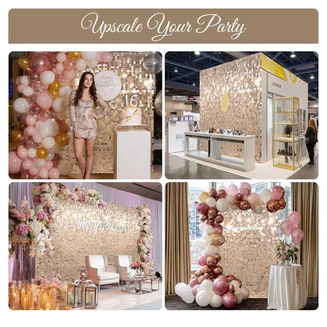 Alt view image 7 of 7 - 10x7 FT Shimmer Wall Backdrop with Adjustable Background Stand | 72 Pcs Champagne Gold Square Sequin Panels Decor for Wedding Party