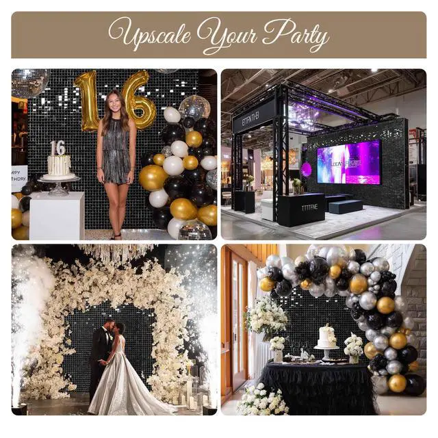 Alt view image 3 of 6 - 10x7 FT Shimmer Wall Backdrop with Adjustable Background Stand | 72 Pcs Black Square Sequin Panels Decor for Wedding Party