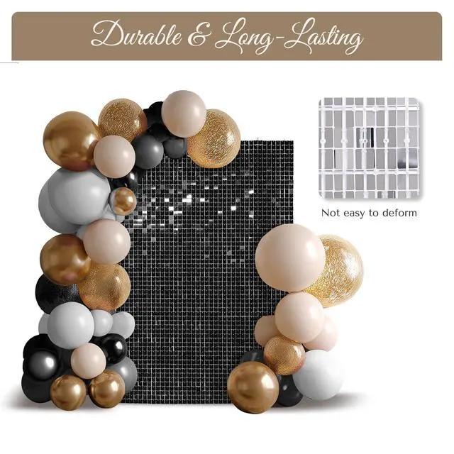 Alt view image 6 of 6 - 10x7 FT Shimmer Wall Backdrop with Adjustable Background Stand | 72 Pcs Black Square Sequin Panels Decor for Wedding Party
