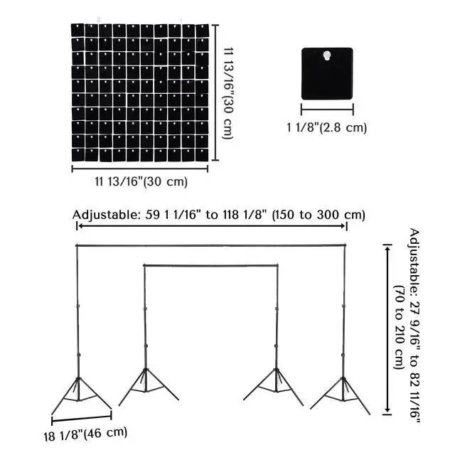 Alt view image 2 of 6 - 10x7 FT Shimmer Wall Backdrop with Adjustable Background Stand | 72 Pcs Black Square Sequin Panels Decor for Wedding Party
