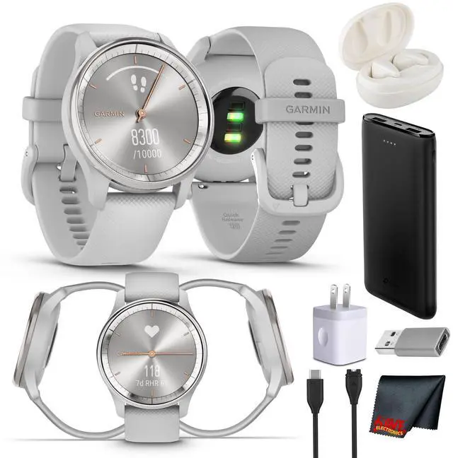 Main image of vivomove Trend Stylish Hybrid Smartwatch, Analog Watch with Hidden Touchscreen, 5 Days Battery - Silver Bezel - Mist Grey Case - Silicone Band Bundle with Wireless Earbuds + More