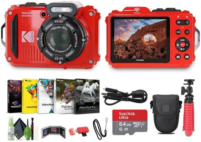 Main image of PIXPRO WPZ2 Rugged Waterproof Shockproof Dustproof WiFi Digital Vlogging Camera 16MP (Red) Bundle with 64GB Memory Card + Vlogger Tripod + Bag + Cleaning Kit + More Accessories
