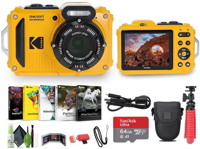 Main image of PIXPRO WPZ2 Rugged Waterproof Shockproof Dustproof WiFi Digital Vlogging Camera 16MP (Yellow) Bundle with 64GB Memory Card + Vlogger Tripod + Bag + Cleaning Kit + More Accessories