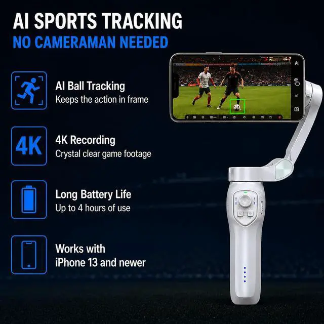 Alt view image 3 of 6 - FoloCam Kit AI Sports Camera Auto Ball Tracking Camera for iPhone, 3-Axis Stabilized Gimbal, 4K Soccer & Basketball Recording, Live Streaming, Subscription